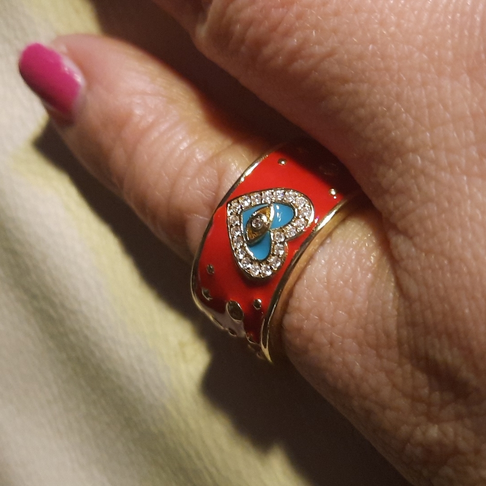 - Red and blue Enamel Gold Tone heavy adjustable ring
